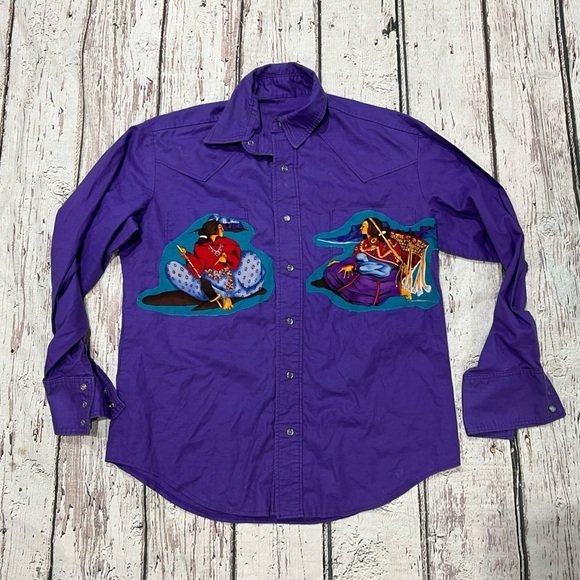 Vintage Purple Western Indian Tribal Aztec Rancher Cowboy Pearl Snap Shirt - Picture 1 of 5